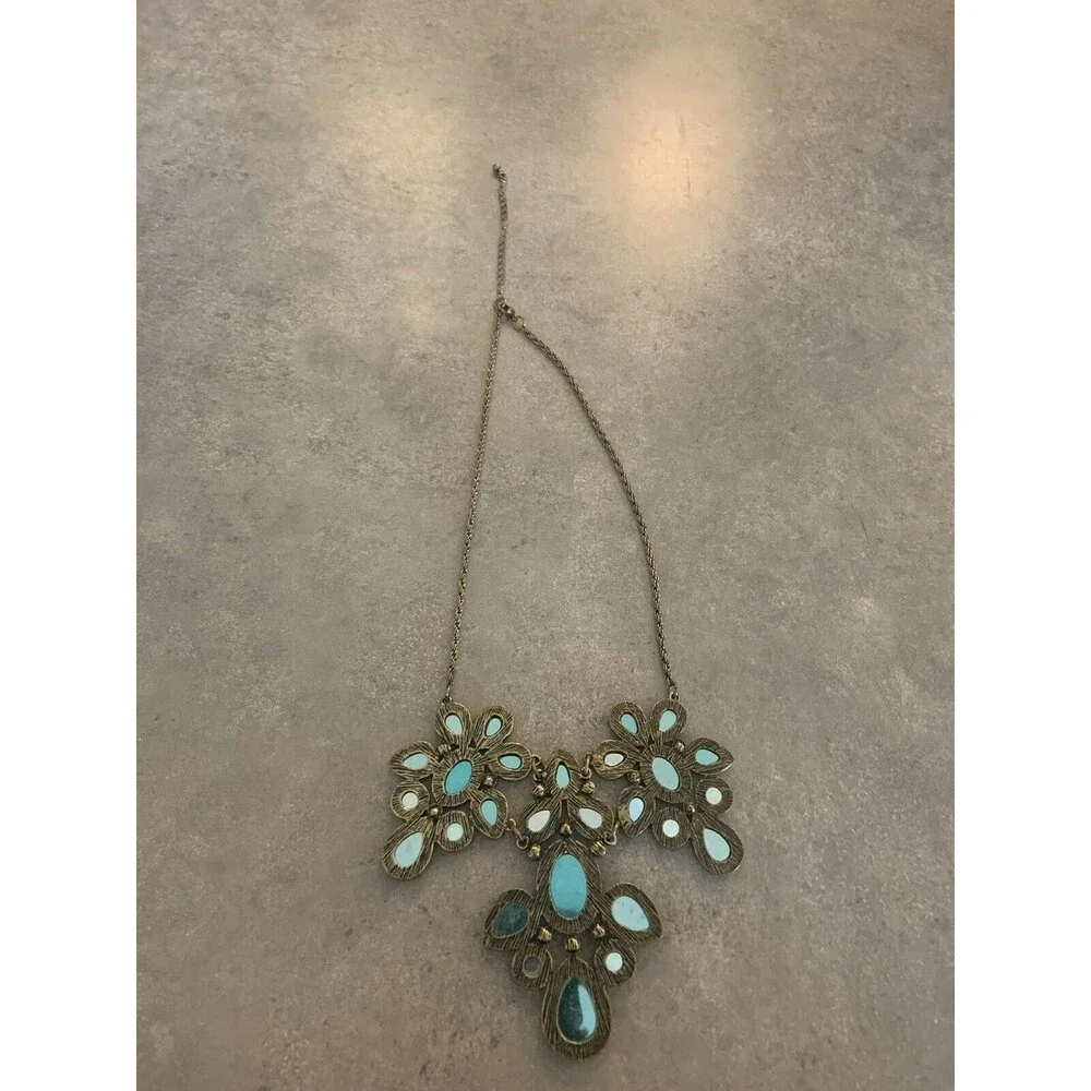 Brass Bib Statement Necklace Light Blue Cabochon And Rhinestones